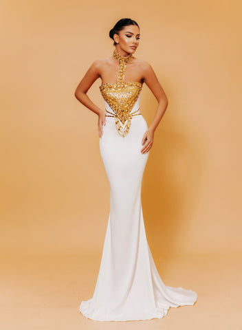 white dress gold embroidery EMBROIDERED LONG XS / Waist Size:30″ Dresses Jumpsuits & Skirts Mac Duggal - White Regal Gold Embroidered Wedding