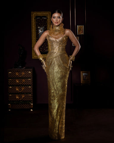 Elegant Evening Dress Woven with Delicate Gold Threads XL
