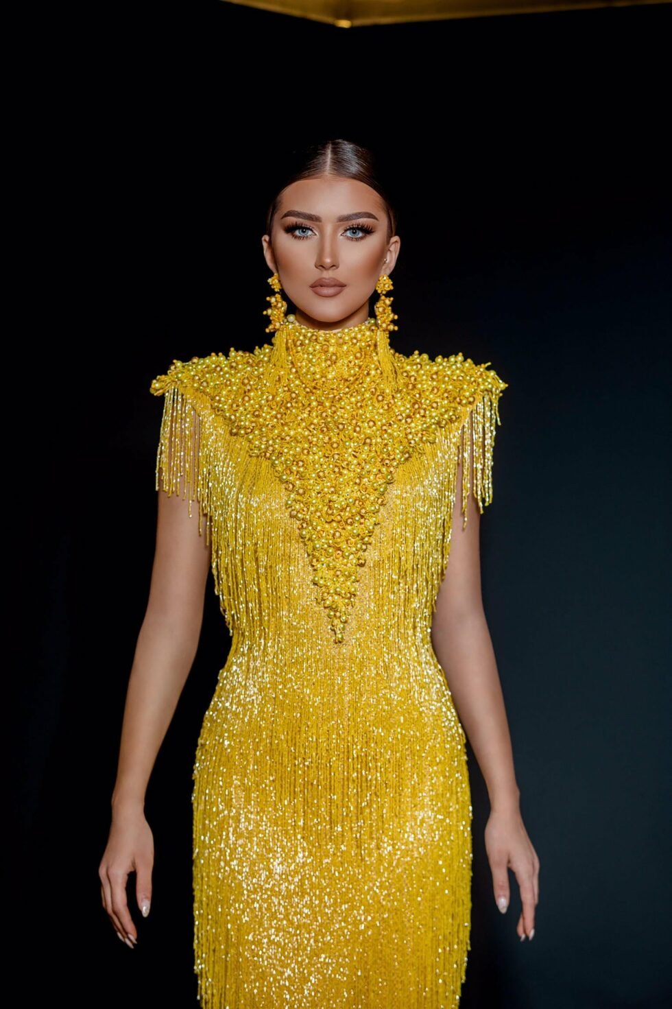 Special Occasion Golden Beaded Fringe Gown: Glamour and Elegance KUJTA & MERI Special Occasion Golden Beaded Fringe Gown: Glamour and Elegance KUJTA & MERI