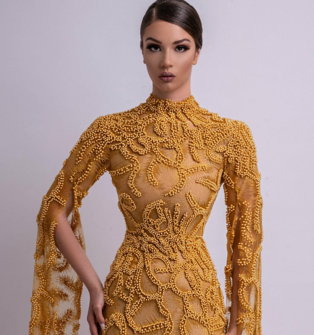 Golden Embroidered High - Neck Gown with Draped Sleeves - KUJTA & MERI - KUJTA & MERI