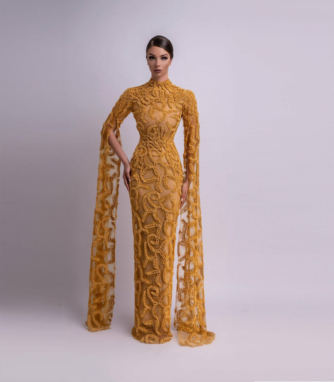 Golden Embroidered High - Neck Gown with Draped Sleeves - KUJTA & MERI - KUJTA & MERI