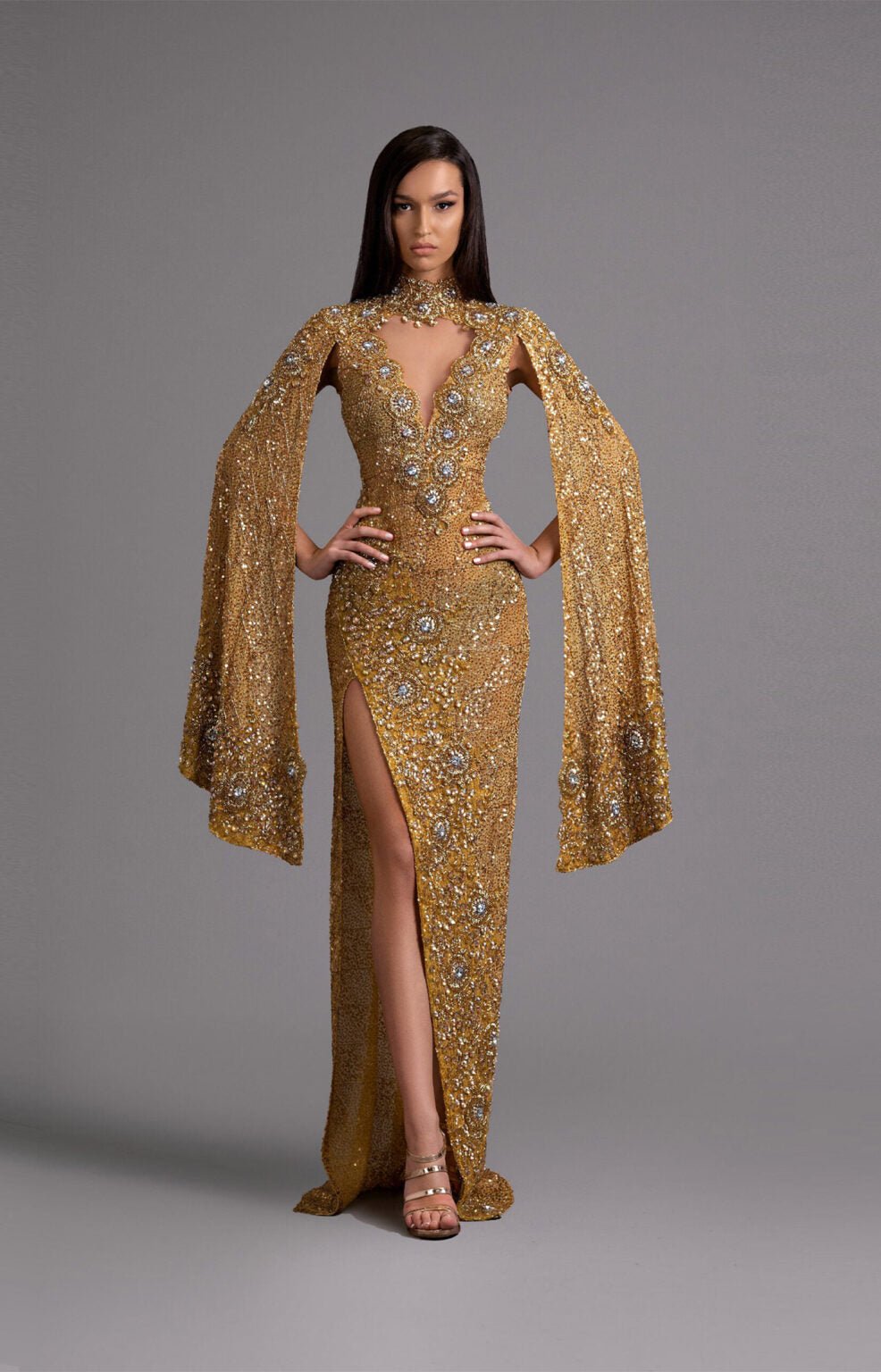 Golden High - Slit Gown with Cape Sleeves - KUJTA & MERI - KUJTA & MERI