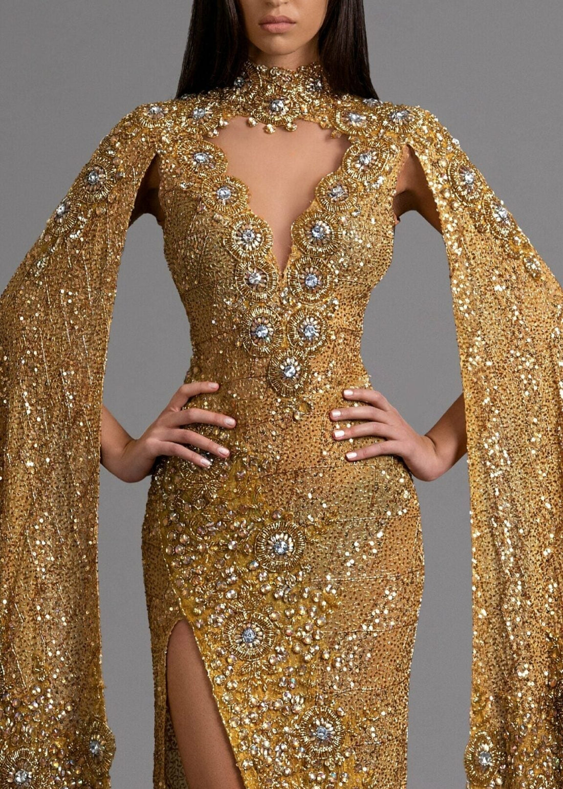 Golden High-Slit Dress with Cape Sleeves KUJTA & MERI Golden High-Slit Dress with Cape Sleeves KUJTA & MERI