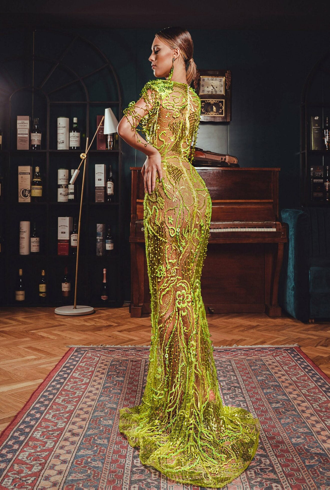 Golden Plunging V - Neck Beaded Column Gown - KUJTA & MERI - KUJTA & MERI