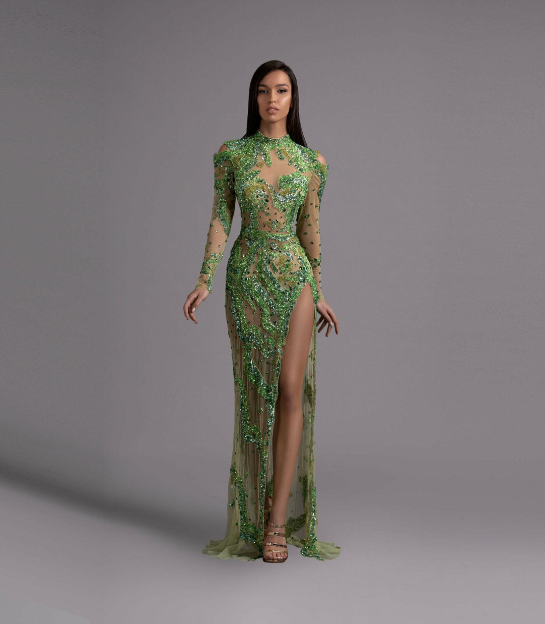 Green Sheer Gown with High Slit - KUJTA & MERI - KUJTA & MERI