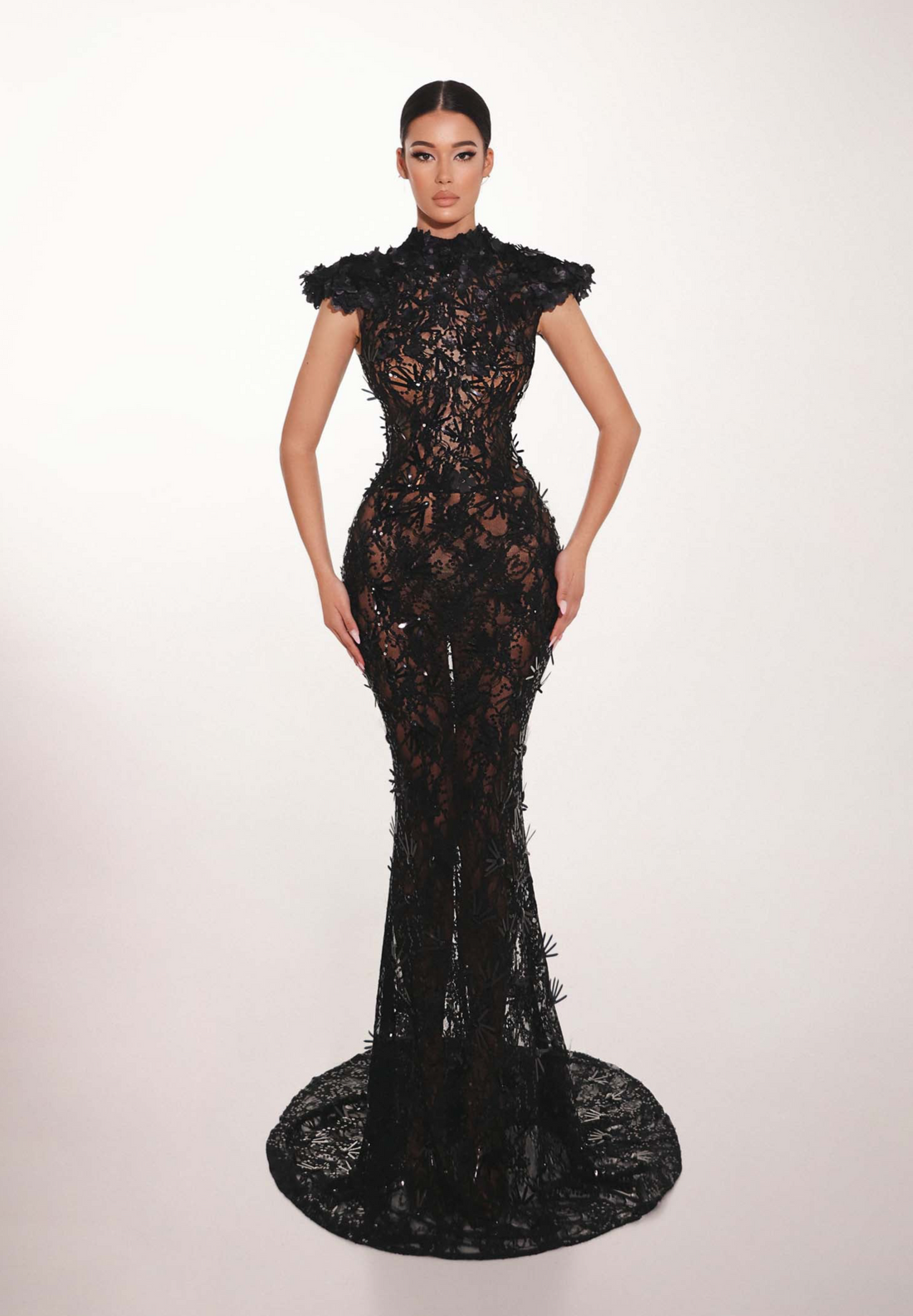 Black lace evening gown on a model against a white background