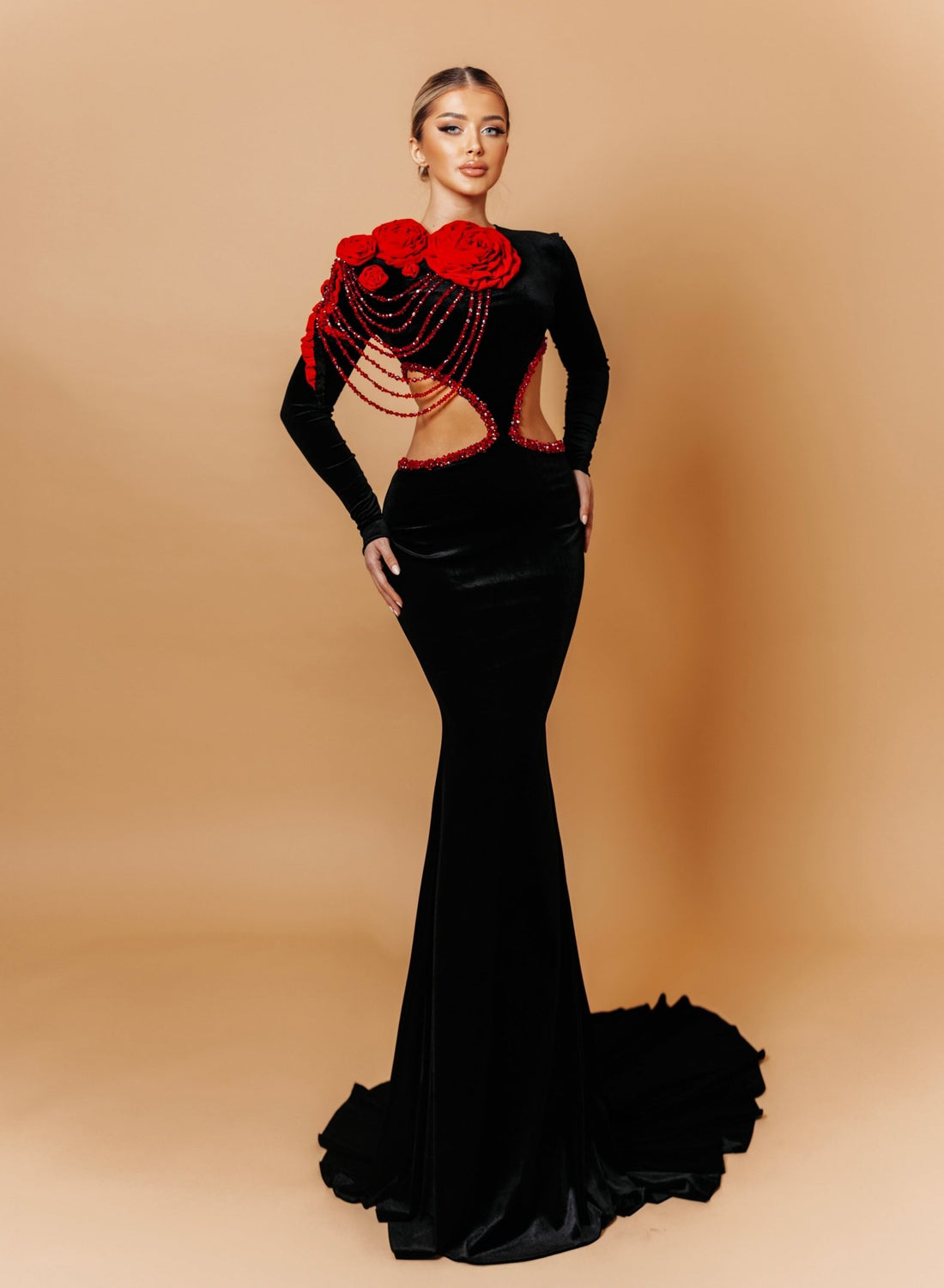 Luxury Black & Red Velvet Gown with Ruby Crystal Details Luxury Black & Red Velvet Gown with Ruby Crystal Details