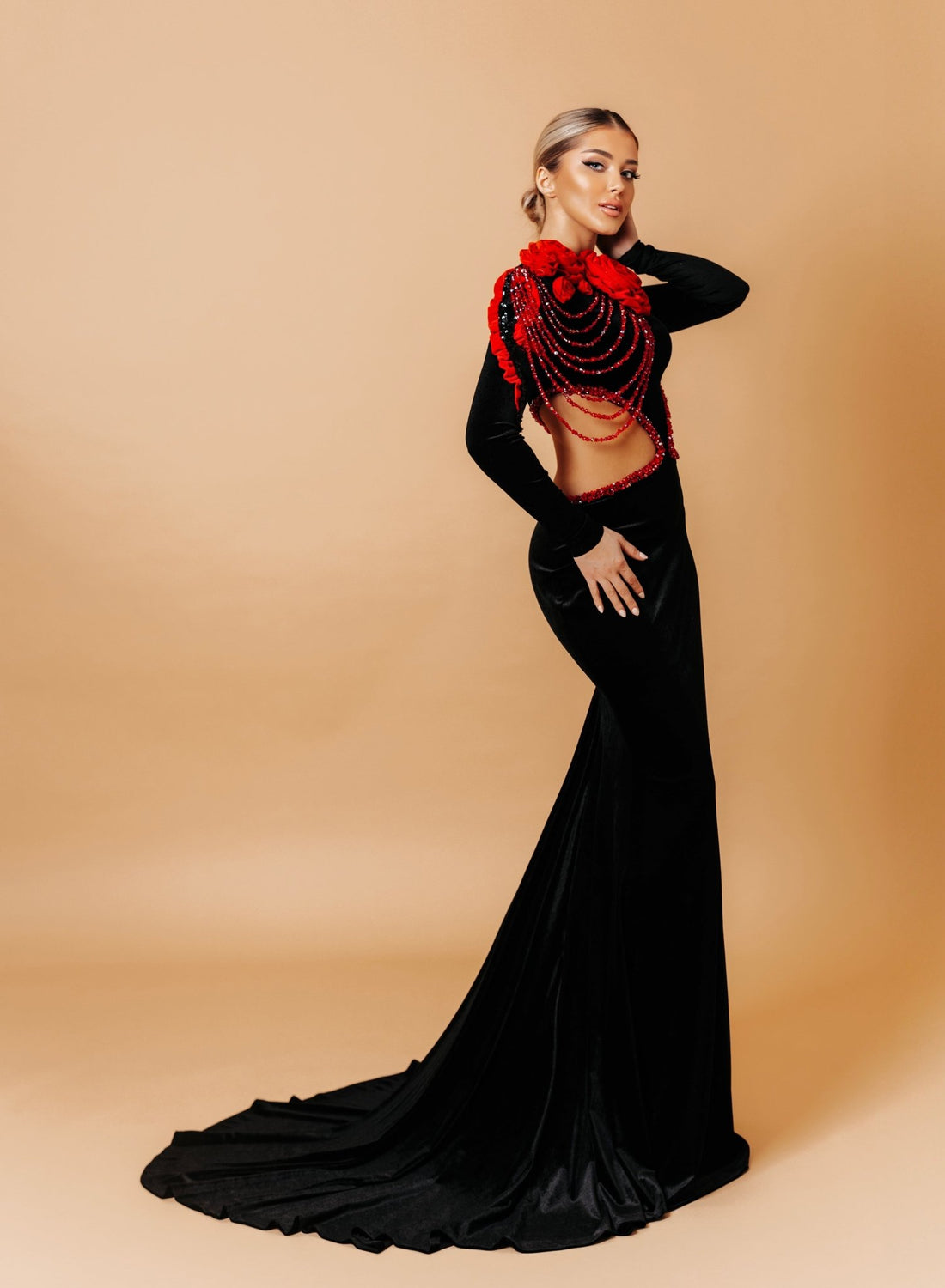 Luxury Black & Red Velvet Gown with Ruby Crystal Details Luxury Black & Red Velvet Gown with Ruby Crystal Details