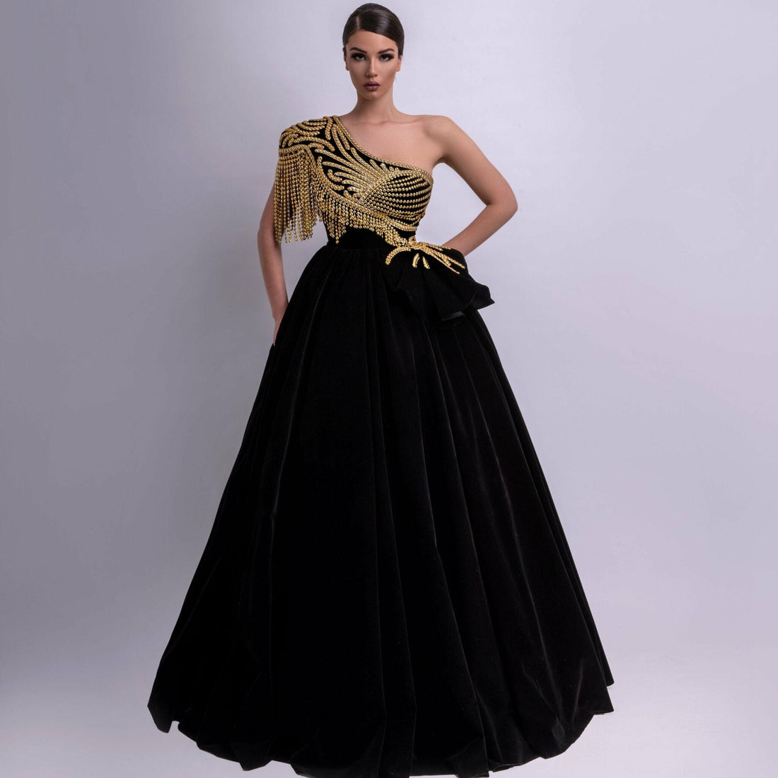 Majestic Black and Gold One - Shoulder Ball Gown - KUJTA & MERI - KUJTA & MERI