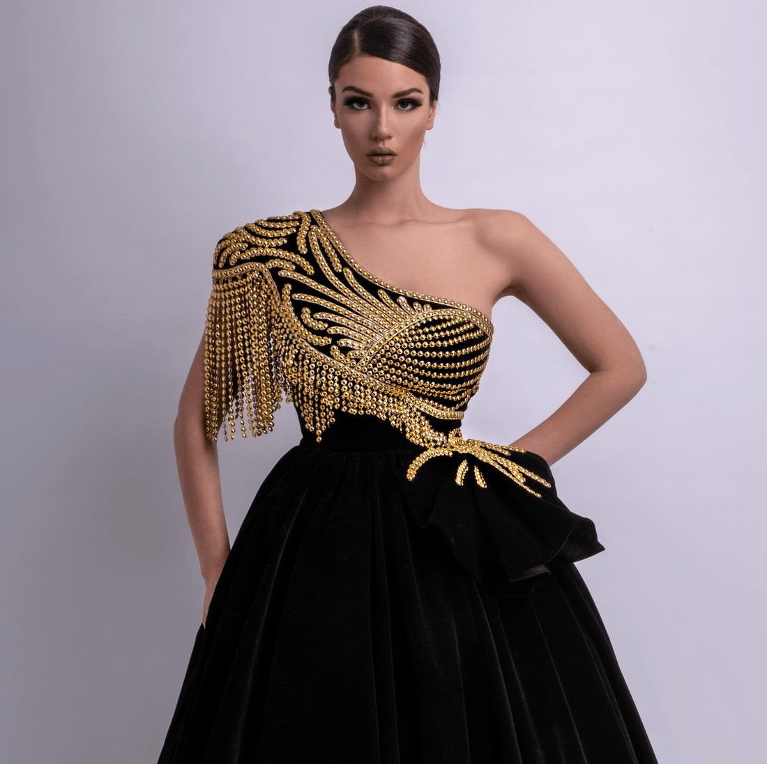 Majestic Black and Gold One - Shoulder Ball Gown - KUJTA & MERI - KUJTA & MERI