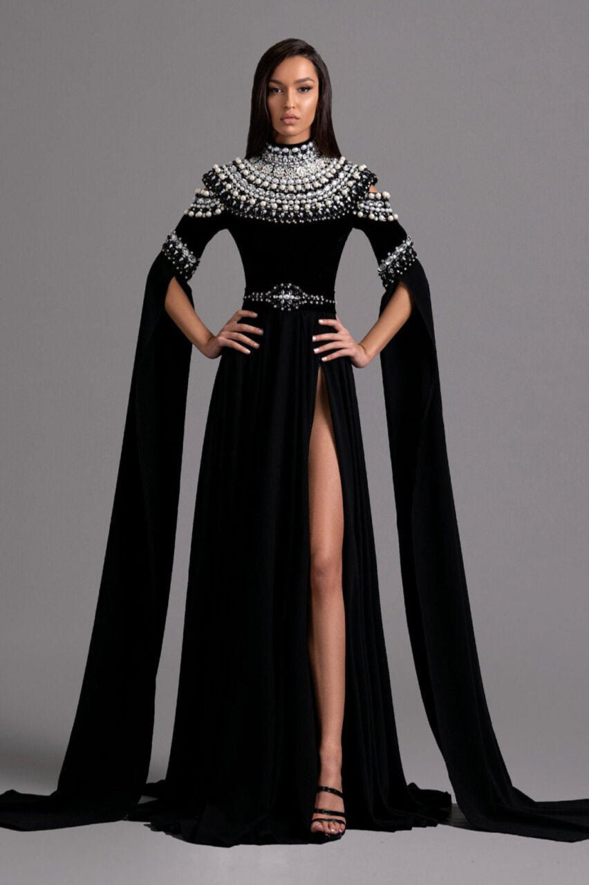 Majestic Black Gown with Dramatic Cape Sleeves L / Velvet / Female Majestic Black Gown with Dramatic Cape Sleeves L / Velvet / Female