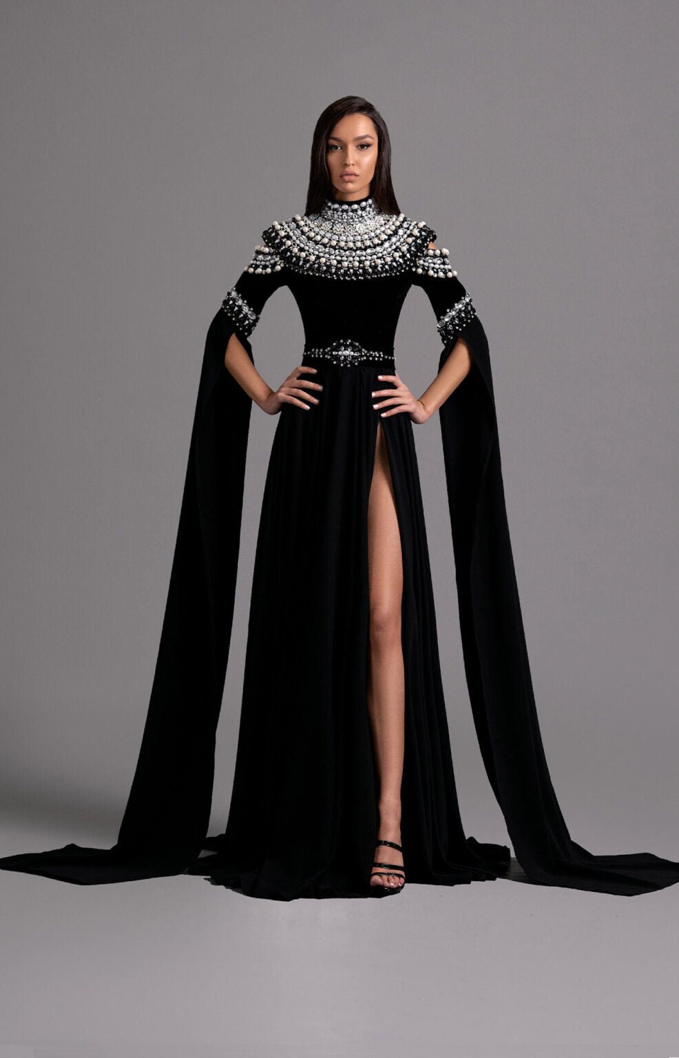 Majestic Black Gown with Dramatic Cape Sleeves - KUJTA & MERI - KUJTA & MERI