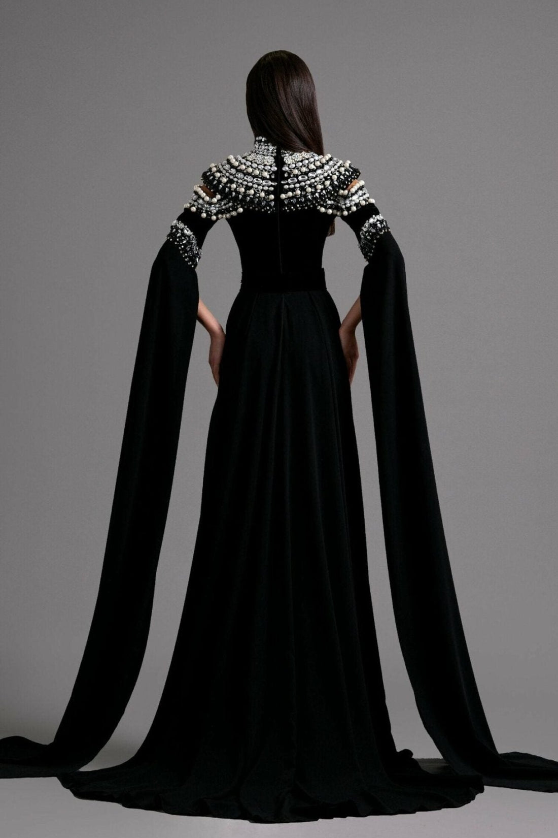 Majestic Black Gown with Dramatic Cape Sleeves KUJTA & MERI Majestic Black Gown with Dramatic Cape Sleeves KUJTA & MERI