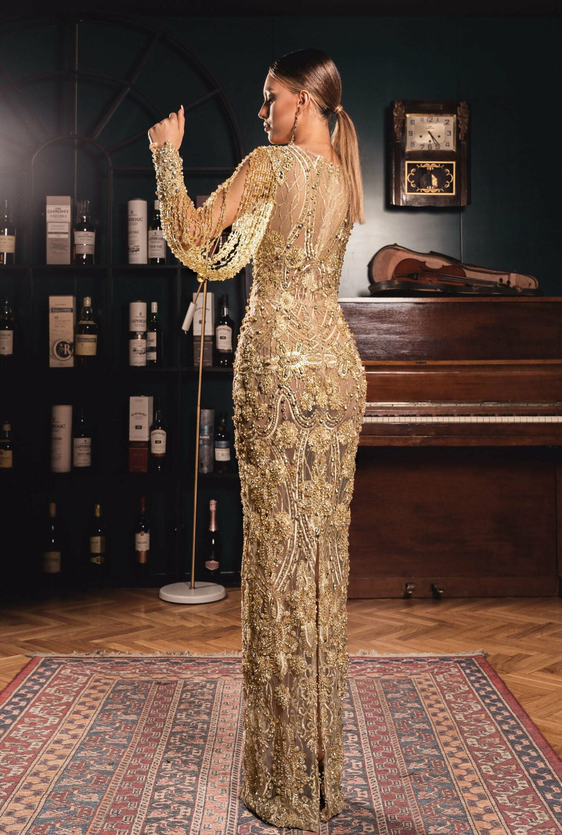 Majestic Gold Plunging V - Neck Beaded Gown - KUJTA & MERI - KUJTA & MERI