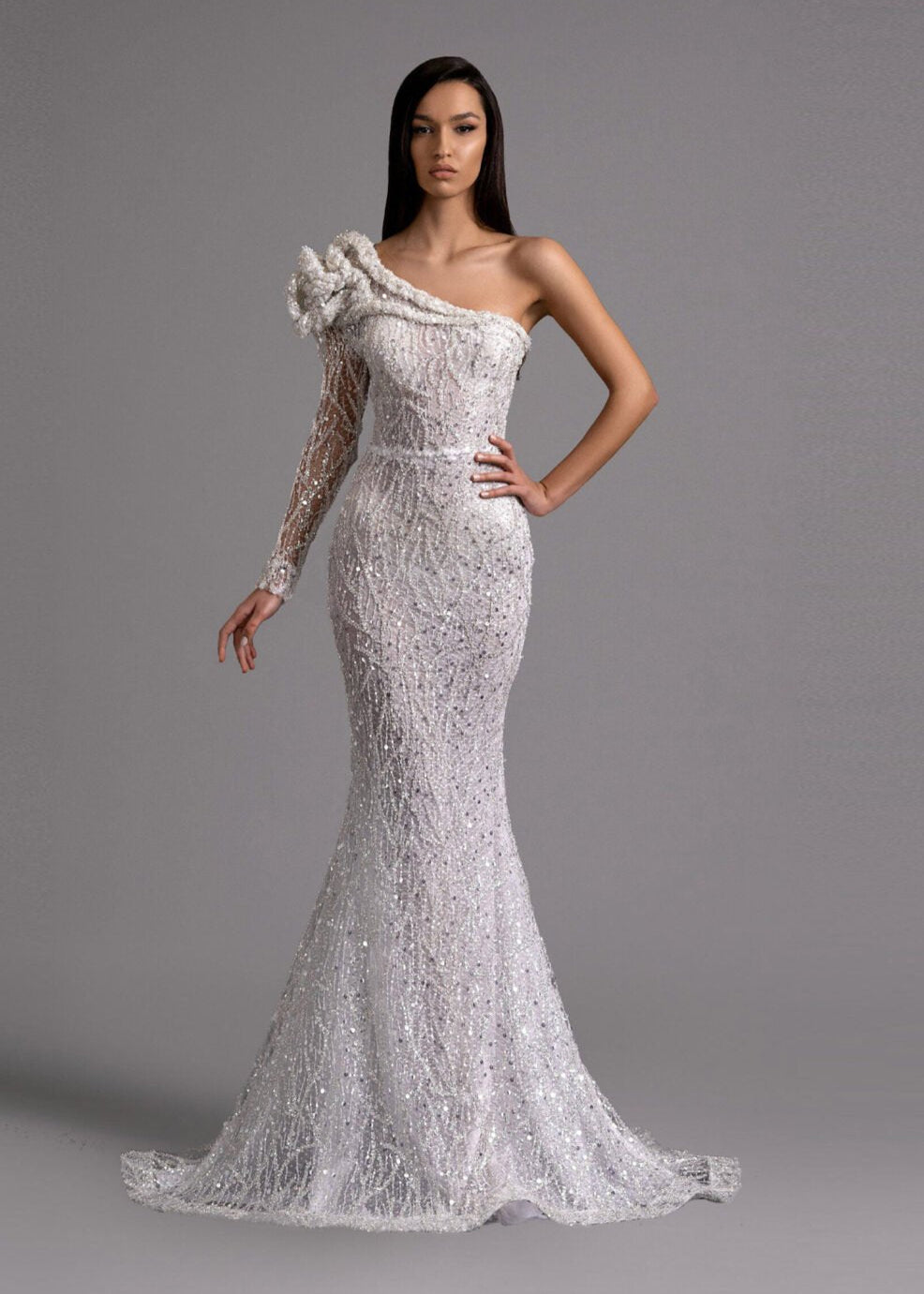 One-Shoulder Lace Sequin Gown M