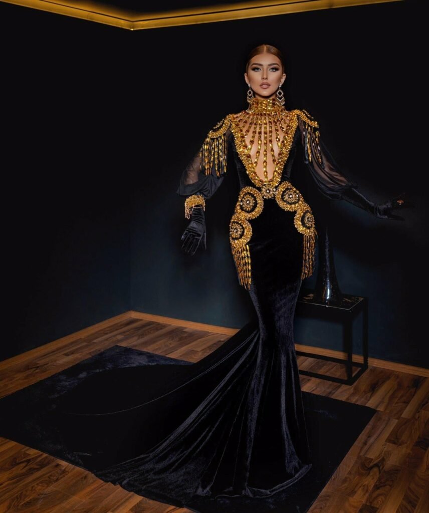 Opulent Black Velvet Gown with Golden Embellishments - KUJTA & MERI - KUJTA & MERI