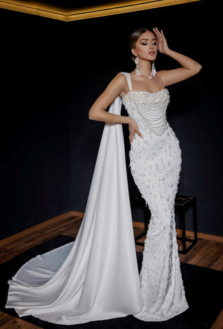 Pearl Embellished White Elegance Gown  KUJTA & MERI