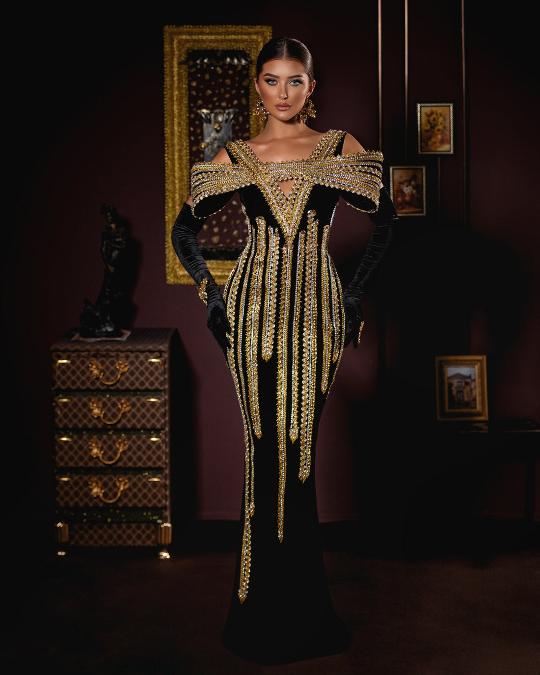 Black Velvet Evening Dress with Golden Accents | Haute Couture Dress XS Black Velvet Evening Dress with Golden Accents | Haute Couture Dress XS