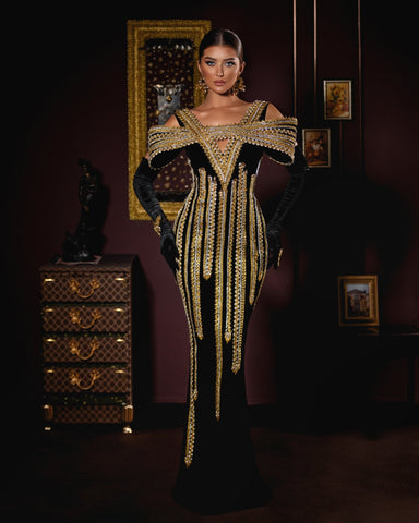golden black dress for women Black Velvet Evening Dress with Golden Accents