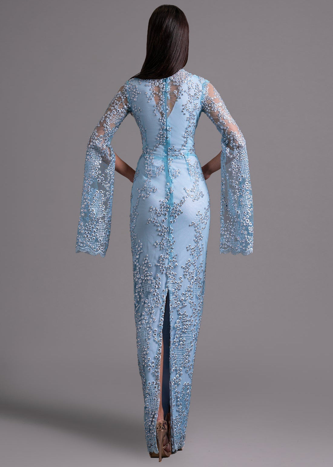 Sky Blue Sequin Gown with Cape Sleeves - Elegant Dress XXL Sky Blue Sequin Gown with Cape Sleeves - Elegant Dress XXL