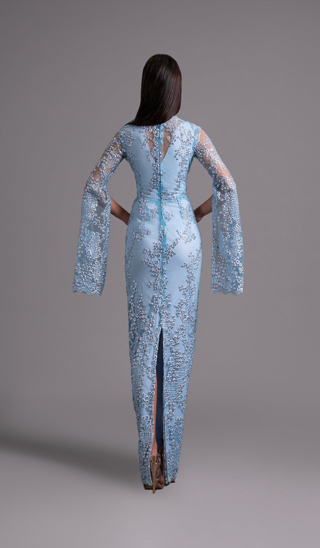 Sky Blue Sequin Gown with Cape Sleeves - KUJTA & MERI - KUJTA & MERI