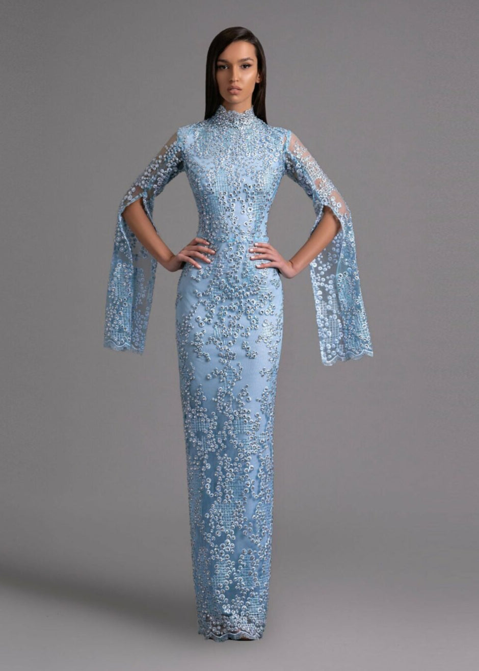 Sky Blue Sequin Gown with Cape Sleeves - Elegant Dress XXL Sky Blue Sequin Gown with Cape Sleeves - Elegant Dress XXL