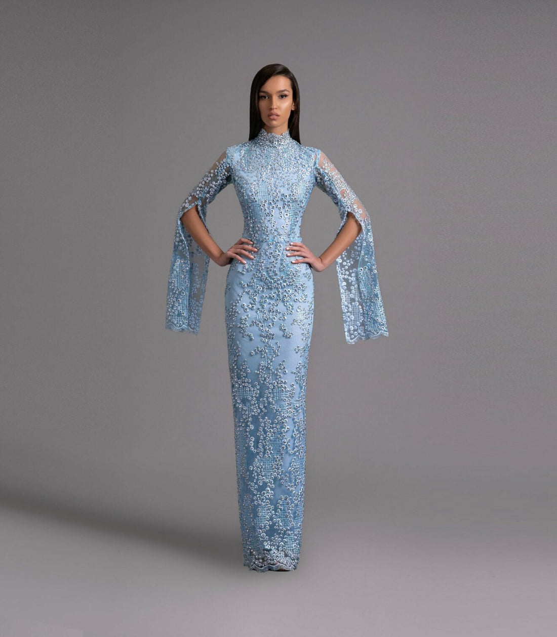 Sky Blue Sequin Gown with Cape Sleeves - KUJTA & MERI - KUJTA & MERI