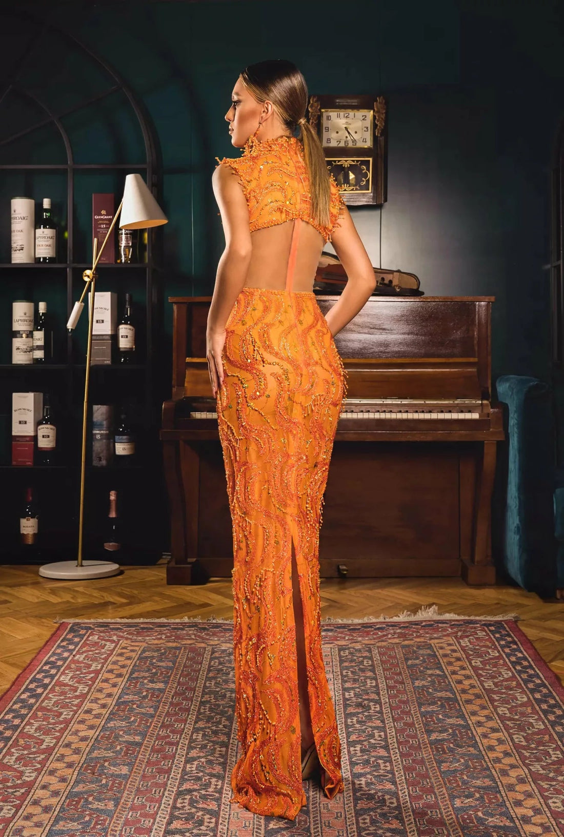 Tangerine High-Neck Beaded Column Gown – KUJTA & MERI