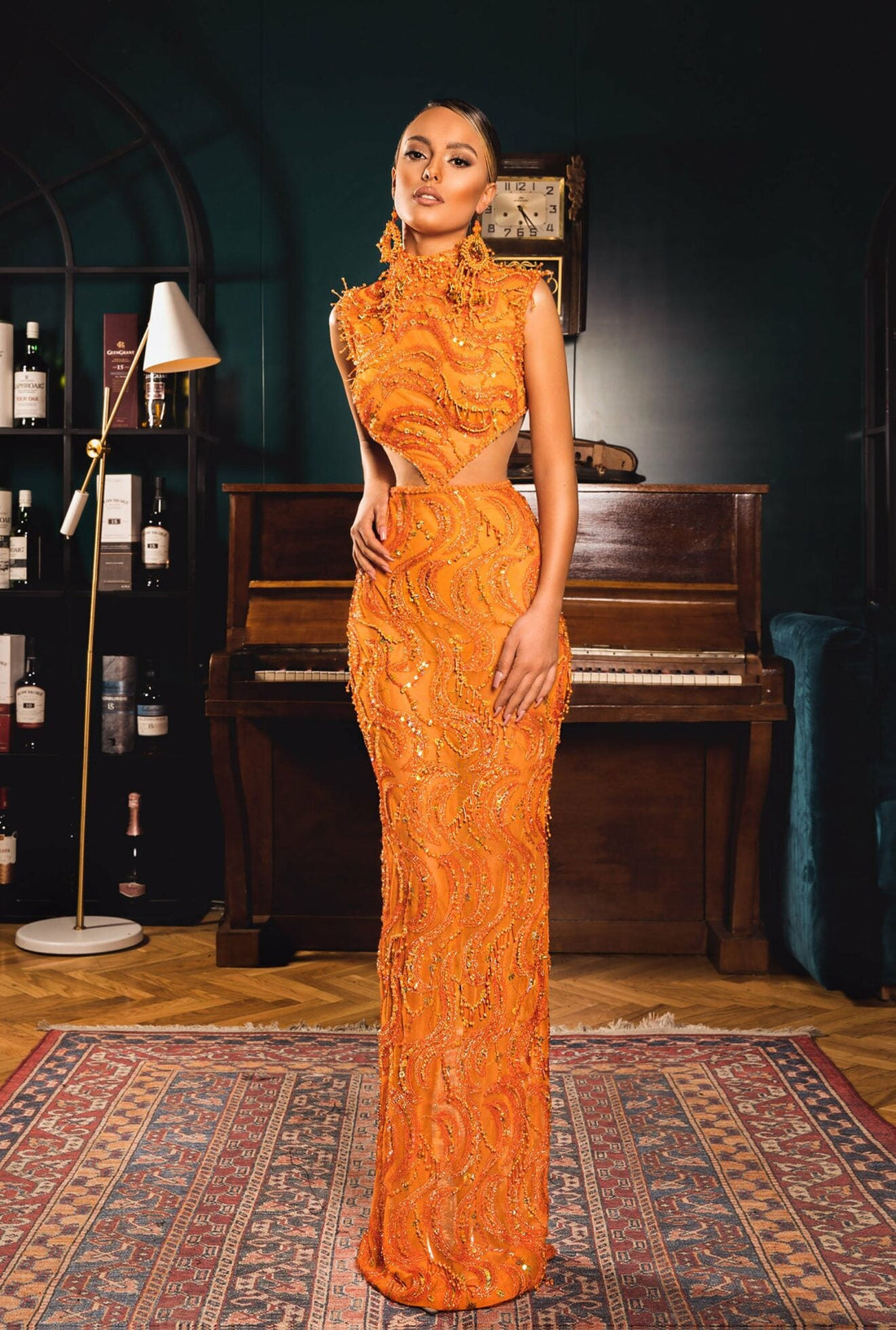 Tangerine High-Neck Beaded Column Gown KUJTA & MERI Tangerine High-Neck Beaded Column Gown KUJTA & MERI